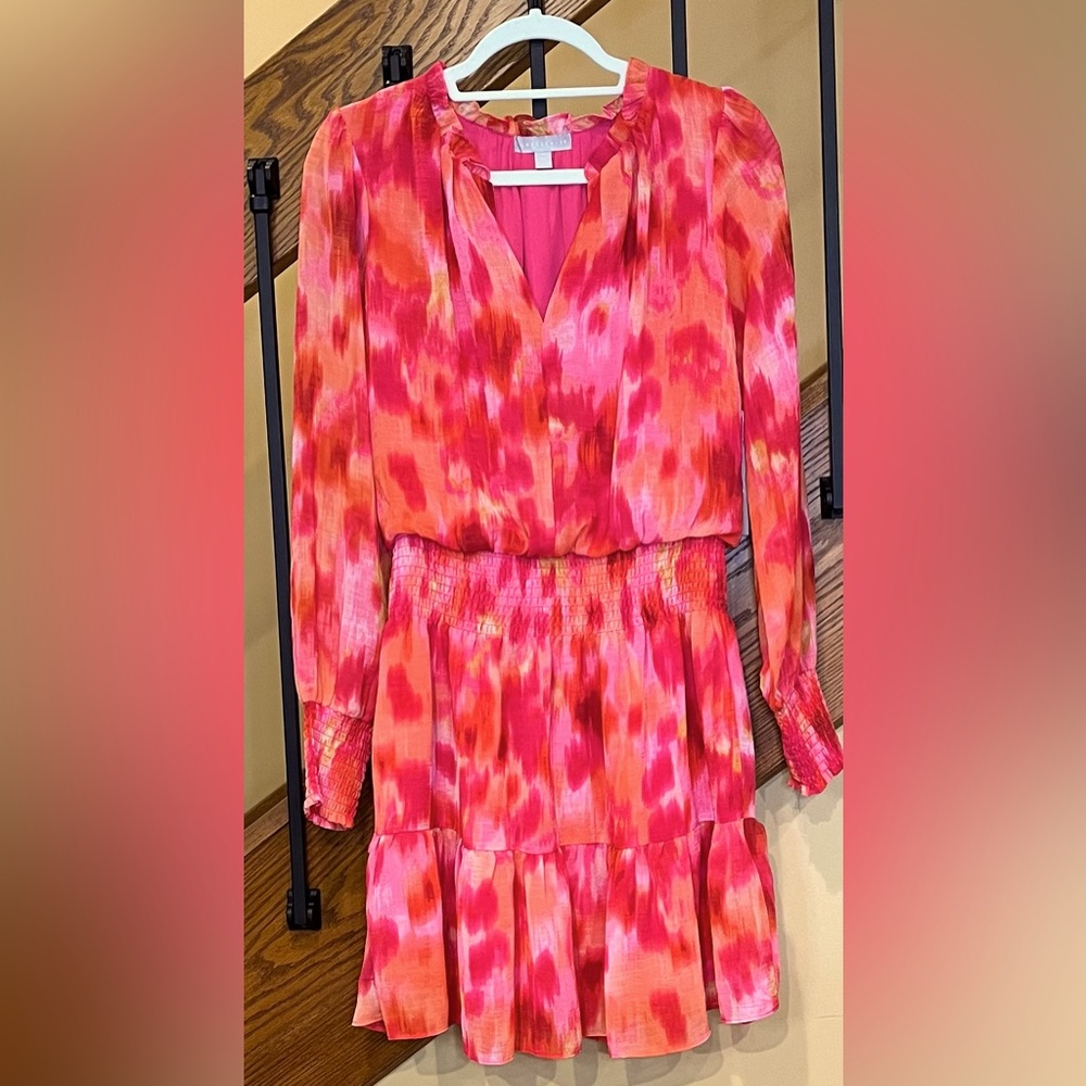 Chelsea 28 Dress Multi Red Orange Pink Watercolor Long Sleeve Sz. Small NWT